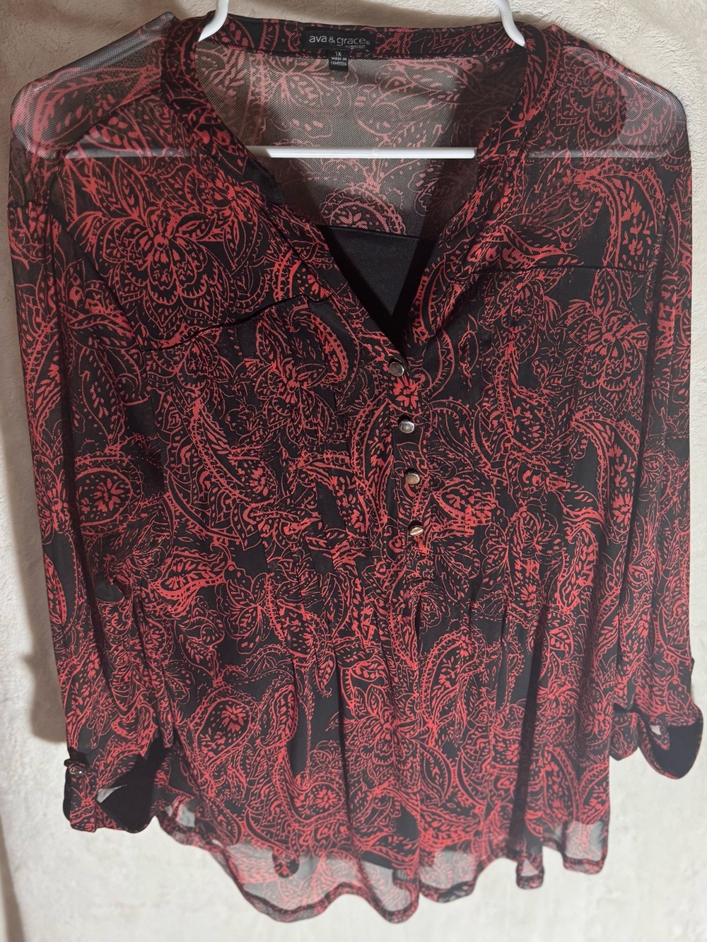 Ava & Grace Red & Black Paisley Mesh Layered Top - Size 1X
